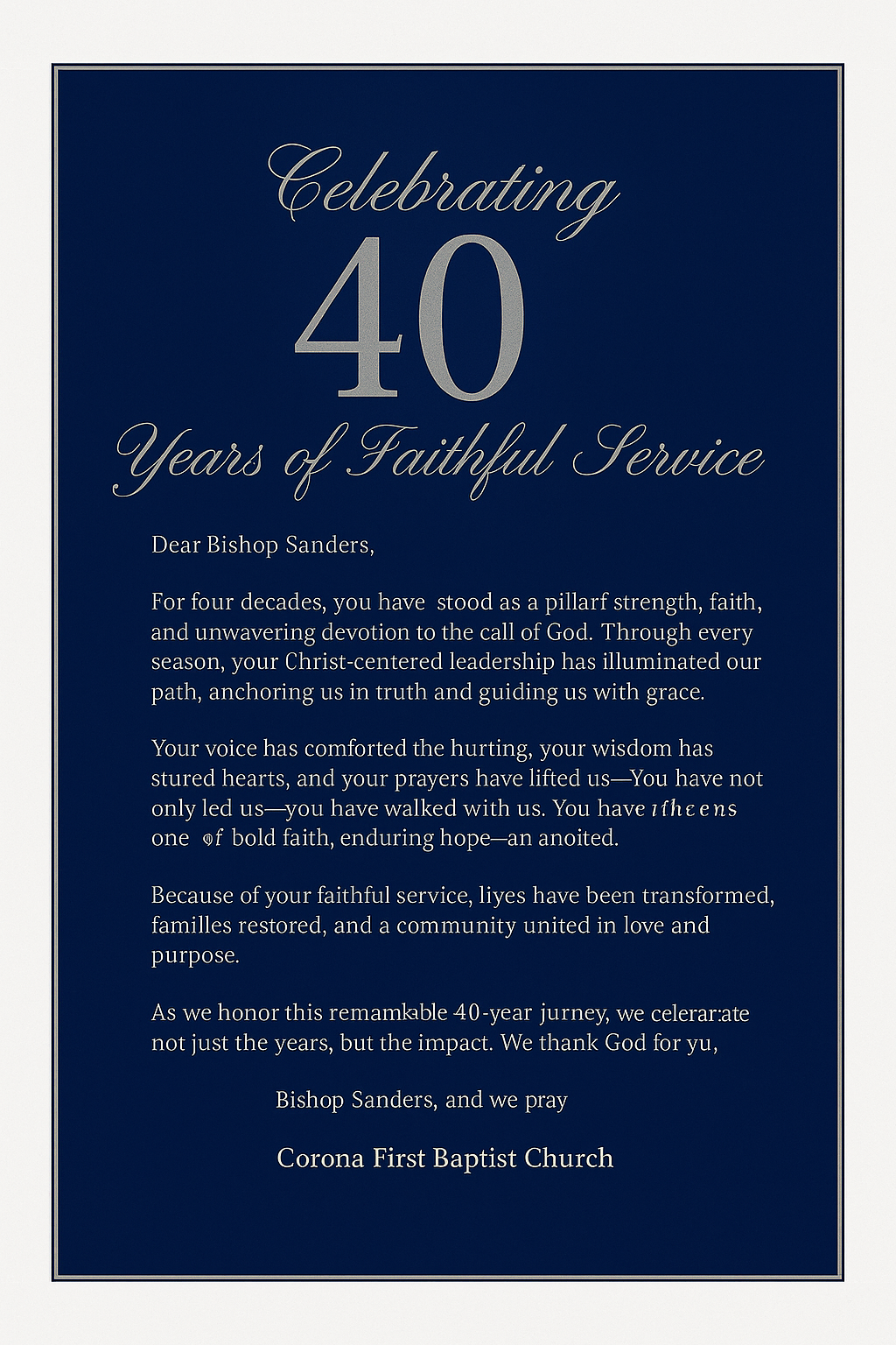 To Bishop Celebrating 40 Years